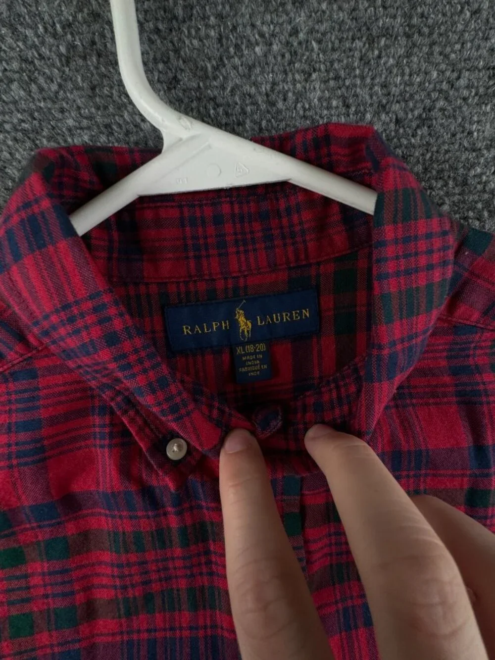 Ralph Lauren Boys Long Sleeve Button Up Oxford Red Blue Plaid XL 18-20 Cotton